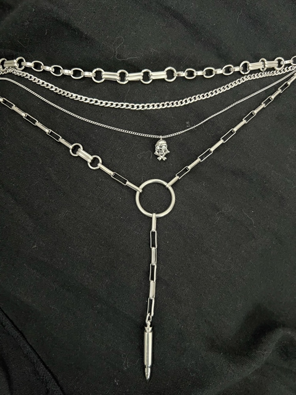 Silver Layered Skull  and  Chain choker length necklace stack
